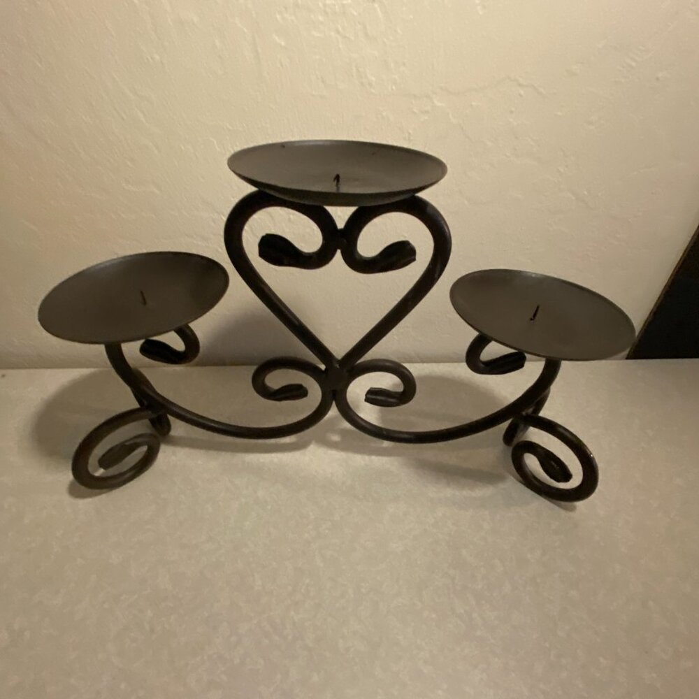 Wrought Iron Triple Candleholder – Scroll Heart Design